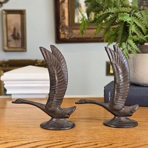 Vintage Art Deco Bronze Cast Metal Flying Swan Figurines - Set of 2 Bookends
